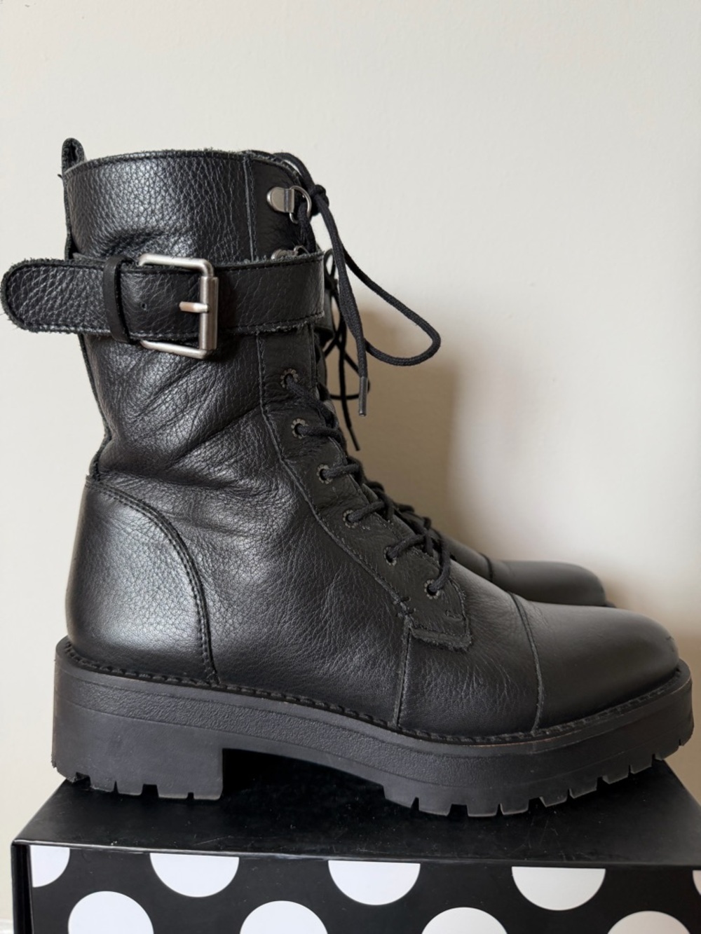 Sam Edelman Black Leather Lace-Up Combat Boots with Buckle - Picture 2 of 11